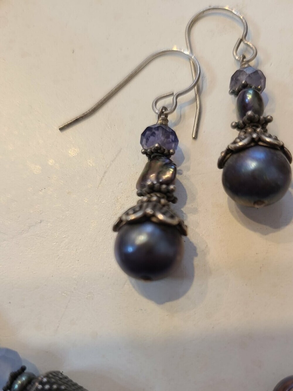 Handcrafted Blue Pearl & Lavender Bead Necklace with Matching Earrings - Picture 2 of 4